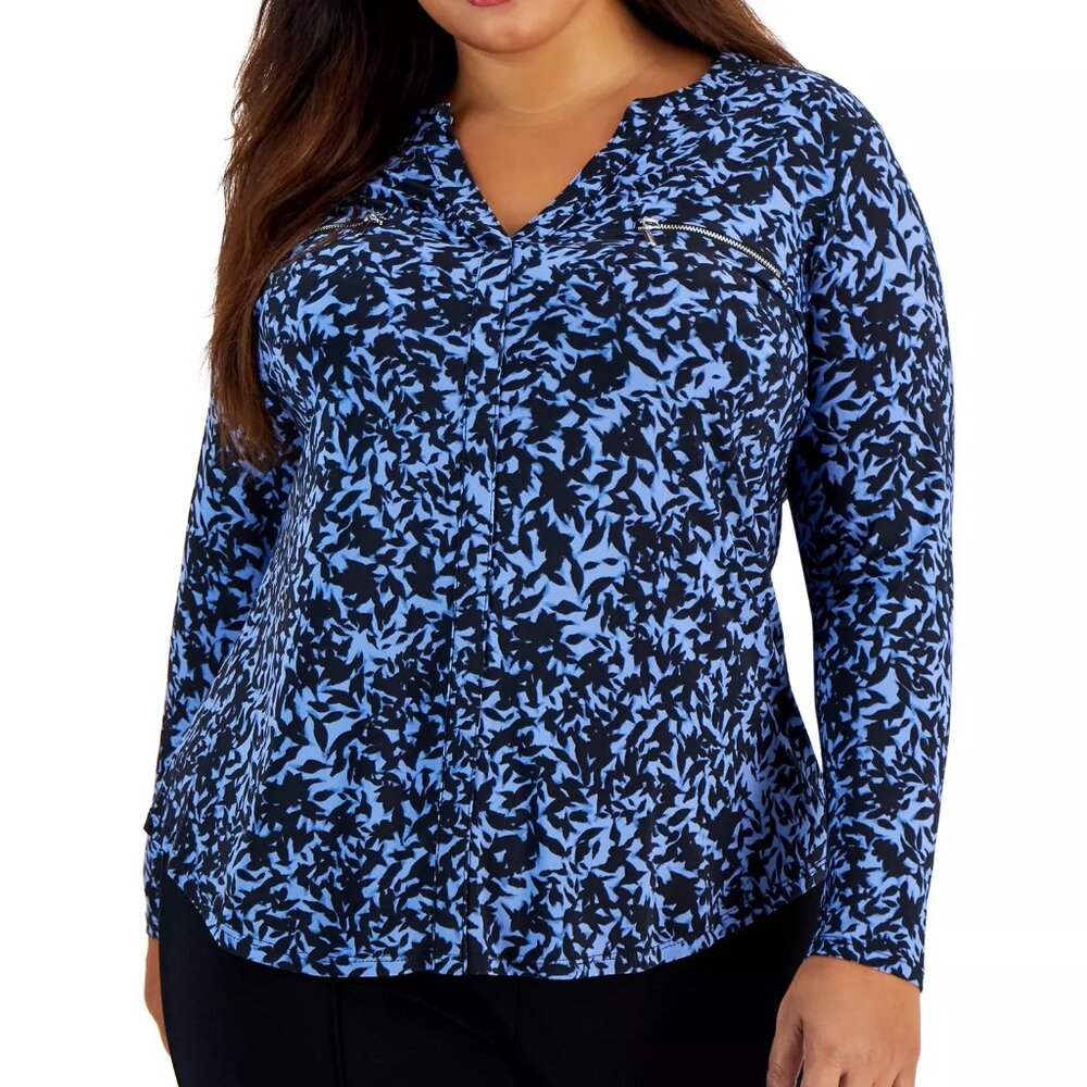 INC International Concepts Blue Black Plus Size Printed Long Sleeve Blouse